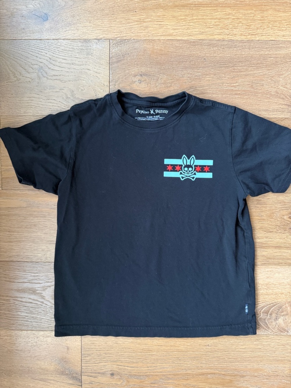 Psycho Bunny Black Tee with Mint Stripes & Red Stars - Chicago Tee - Size 10-12